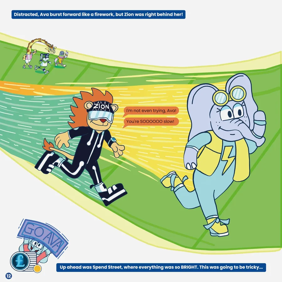 A page from Ava Saves Up! showing Ava and Zion racing in Silverton